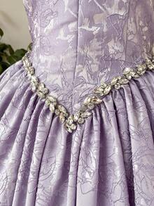 Lovelzi Váy dạ hội trang trọng chữ A ngắn không tay bằng vải satin jacquard màu tím sang trọng và thanh lịch dành cho nữ - Màu tím - Xem 6
