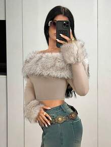 SHEIN ICON 女士长袖时尚露肩毛边长袖短款上衣露肩上衣毛边上衣 - 杏色 - 查看 2