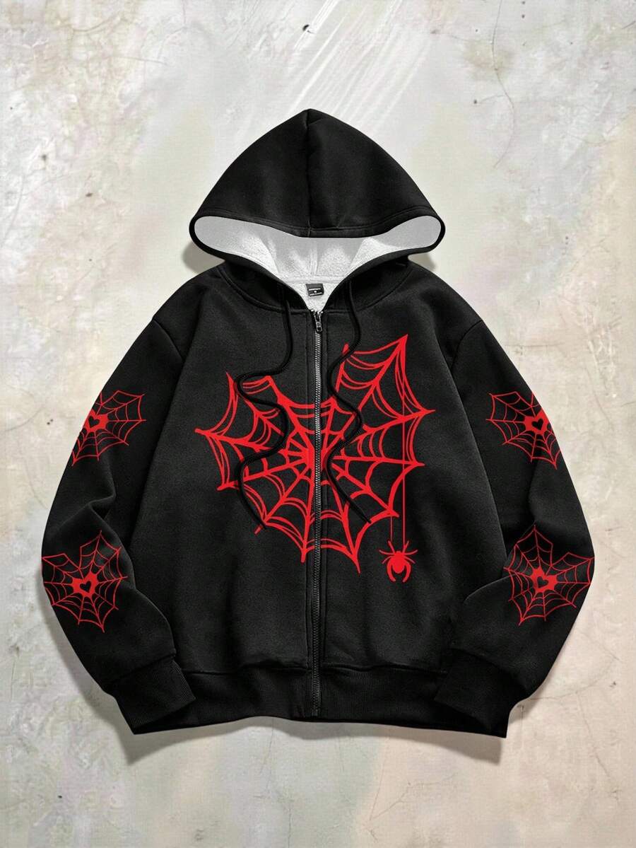 Manfinity EMRG Fashionable Casual Young Street Heart, Spider Web & Spider Element All-Over Digital Print Pattern Oversized Loose Fit Drop Shoulder Hoodie Sweatshirt, Suitable For Holidays, Dates, Gatherings, Parties, Couples, Family Matching, Great Gift For Boyfriend/Husband Halloween Hoodie Spider Web Hoodie Gothic Hoodie Zip Up Hoodie, Men Spider Web Graphic Hoodie, Black Spider Hoodie, Men Halloween Hoodie, Hip Hop Spider Hoodie , Fall Winter