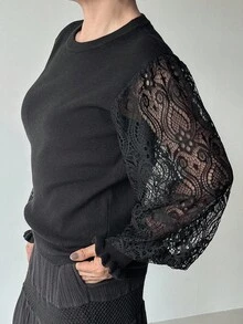 FRIFUL 女式黑色纯色圆领拼接透明蕾丝面料宽松休闲百搭毛衣，秋季 - 黑色 - 查看 4