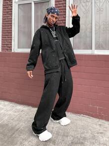 PAVTROS Manfinity Streetrush Men's Suede Fleece Straight-Leg Sweatpants,Glitter Accents Black Baggy Grunge Sweats Streetwear,Winter,Black And White,City Break - Black - View 7