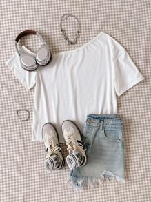 1 pezzo Maglietta oversize da ragazza con spalla obliqua e maniche corte, stampa grafica con numero 76, t-shirt casual per l'estate