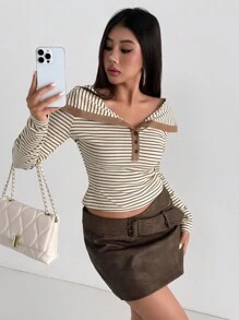 Aidyla Striped Knit Collared Long Sleeve Off-Shoulder Henley T-Shirt Tops With Minimalist Design Fall Clothes For Women - Khaki - View 5