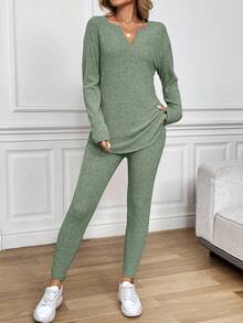 SHEIN LUNE 2 件套女士长袖 T 恤和紧身裤，毛绒罗纹粉色套装，秋冬 - 薄荷綠 - 查看 5