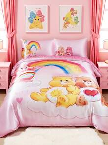 SHEIN X Care Bears 3 件套粉色可爱卡通熊床上用品套装，缎面面料，柔软透气，多种尺寸适合单人床/双人床/大号床/特大床，适用于卧室装饰