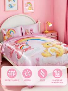 SHEIN X Care Bears 3 件套粉色可爱卡通熊床上用品套装，缎面面料，柔软透气，多种尺寸适合单人床/双人床/大号床/特大床，适用于卧室装饰