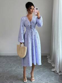 INAWLY Robe mi-longue élégante et décontractée pour femmes, avec nœud, col en V et manches lanternes. Rayures. Convient pour les voyages et les vacances, automne/hiver - Bleu azur - Voir 6