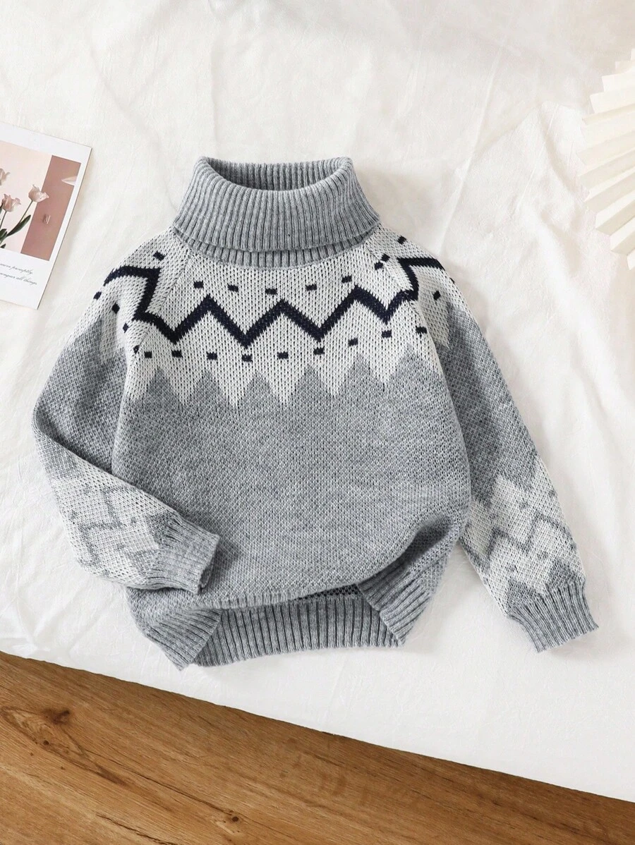 SHEIN Classic Fair Isle Pattern Turtleneck Long Sleeve Sweater For Young Girl Fall Winter