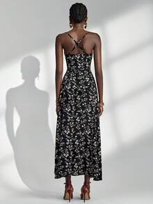 Almamuse Robe élégante pour femmes avec bretelles fines, encolure drapée et fente haute à l'ourlet - Noir - Voir 2