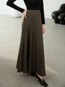 Uhlyne 女士休闲优雅日常通勤梭织纯棕色修身喇叭裙，秋季 - 咖啡棕 - 查看 4
