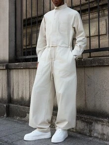 Manfinity EMRG 男士休闲连体裤，带口袋，腰部抽绳，前拉链连体裤，秋季 - 米色 - 查看 3