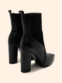CUCCOO BASICS Women's Pointed Toe Chunky Heel Black Boots, Fashion Elegant Commute All-Match Versatile Knit Mid-Calf Short Booties For Christmas - Black - View 8