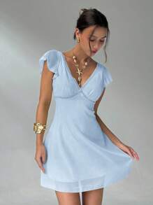 Aloruh 女士优雅性感迷人荷叶边袖 A 字深 V 领露背迷你连衣裙 - 淺藍色 - 查看 7