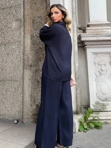 Jeta Ari Bộ 2 chiếc/bộ áo sơ mi rộng xẻ tà pha trộn và quần ống rộng cạp cao thanh lịch cho nữ công sở thường ngày - Màu xanh hải quân - Xem 2