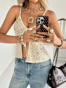 Siren Gaze Áo hai dây thắt nút đính sequin thời trang nữ mùa thu, áo kiểu casual, áo đi học, áo đi chơi, áo dễ thương mùa thu, áo sinh nhật cho nữ, trang phục phương Tây, áo casual mùa hè cho nữ. - Màu be - Xem 5