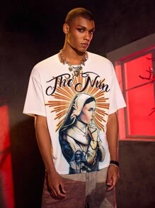 The Nun X SHEIN Men's Letter & Figure Graphic Round Neck Short Sleeve T-Shirt - Khaki - View 3