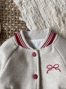 SHEIN 女婴条纹插肩袖单排扣休闲棒球夹克 - 灰色 - 查看 4