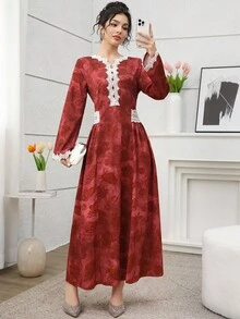 Al Najma Women's Elegant Vintage Romantic Palace Style Rose Print Tie Waist Long Sleeve Everyday Arabic Dress
