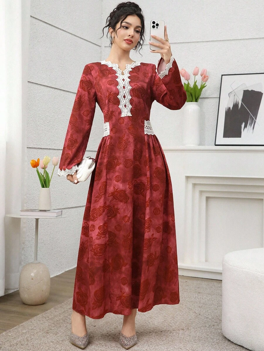 Al Najma Women's Elegant Vintage Romantic Palace Style Rose Print Tie Waist Long Sleeve Everyday Arabic Dress