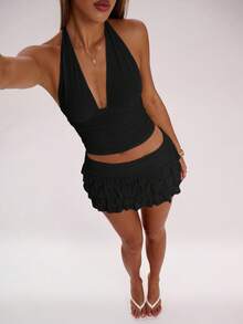 SHEIN BAE Women's Solid Color Minimalist Pleated Skirt, Everyday Wear,Black Skirt