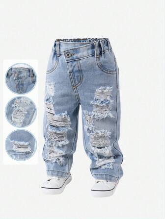 Baby Girls' Slant Waist Ripped Jeans, Tapered Pants, Little Girl's Casual Fashion Essential For Outings! Light Washed Denim Fabric, Elastic Waistband + Fake Chain Decor Design, Paired With Exquisite Ripped Elements, Tapered Silhouette With Wide Top And Narrow Bottom, Cleverly Flattering The Figure And Showcasing The Baby's Unique Fashion Sense. Fall Winter