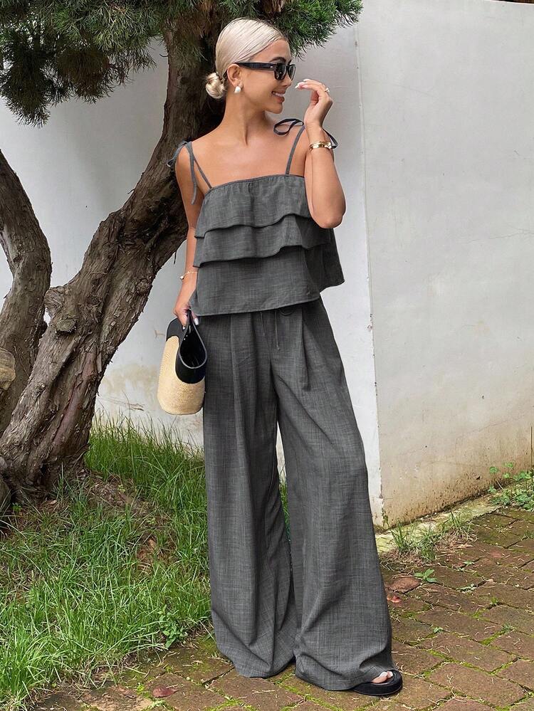 2pcs/Set Women's Charcoal Gray Ruffle Trim Crop Camisole Top And High Waist Tie Wide Leg Pants,Summer Casual Vacation Holiday Outfits Lounge Sets