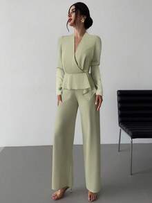 Firerie 女士新款优雅浪漫露背长袖交叉 V 领露背不对称下摆上衣和宽松直筒裤绿色两件套，秋季女装，外出装，机场装 - 綠色 - 查看 7