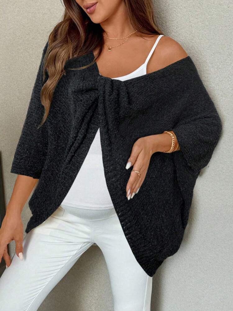 SHEIN 袖口扭结装饰纯色孕妇毛衣黑色孕妇开衫孕妇罩衫 - 黑色 - 查看 5