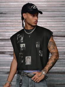 AXEPEAK 男士针织时尚休闲宽松无袖背心，2000 年代风格 - 黑色 - 查看 5