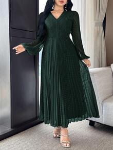 Modelyn Đầm midi tay dài cổ chữ V tối giản màu trơn dành cho nữ, mặc thường ngày - Màu xanh lá cây đậm - Xem 3