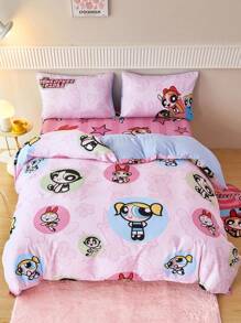 THE POWERPUFF GIRLS X SHEIN 3 件套卡通花朵、泡泡、毛茛图案羽绒被套套装，1 件羽绒被套和 2 件枕套，不含枕芯，可爱布艺床上用品，适用于卧室 - 彩色 - 查看 4