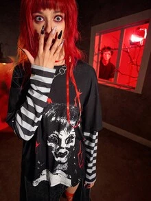 ANNABELLE x SHEIN Women's Horror Figure Graphic Round Neck Long Sleeve T-Shirt - Black - View 7