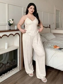 Dazy Plus 大码三件套碎花吊带背心+优雅长裤+纽扣门襟上衣睡衣套装，秋冬服装，舒适套装 - 白色 - 查看 3