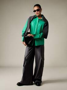 MISSGUIDED Áo sơ mi công sở tay xẻ cài nút thanh lịch, trang phục công sở chuyên nghiệp hiện đại, trang phục công sở hiện đại, trang phục sự nghiệp Giáng sinh - màu xanh lá - Xem 3