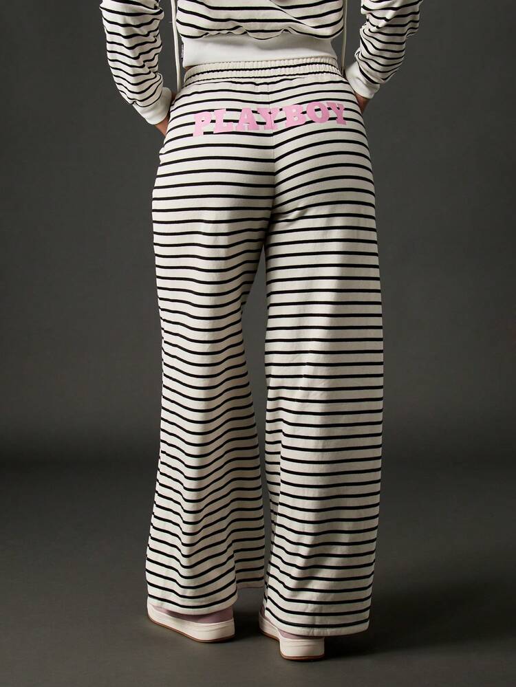Missguided x Playboy Striped Wide Leg Joggers Loungewear Pants Retro Style Comfort Fit Casual Bottoms With Elastic Waist Relaxed Holiday Lounge Pants With Pink Logo Details