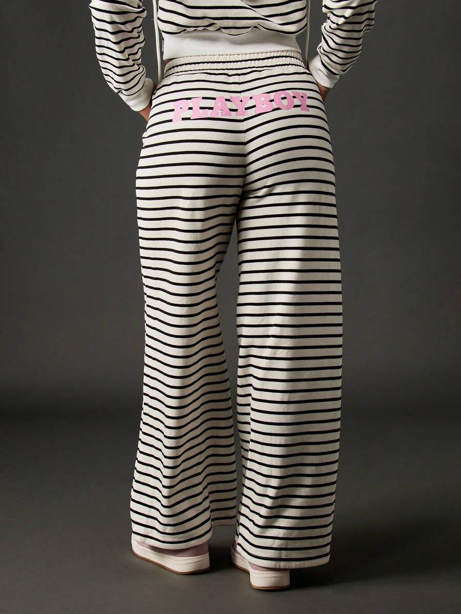 Missguided x Playboy 条纹阔腿慢跑家居裤复古风格舒适休闲裤弹性腰部休闲假日休闲裤带有粉色徽标细节 - 黑與白 - 查看 1
