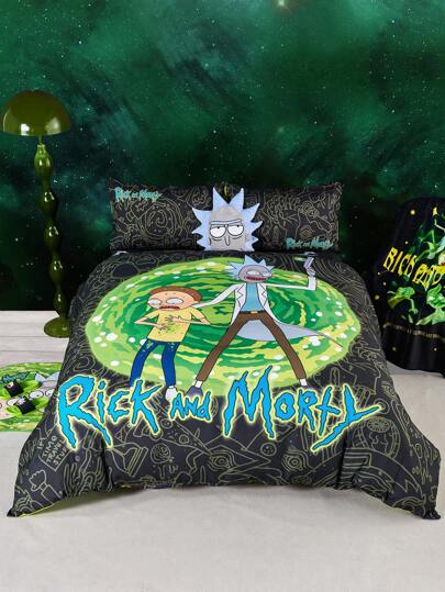 Rick and Morty X SHEIN 卡通和字母印花床上用品套件(包括被套和枕套)