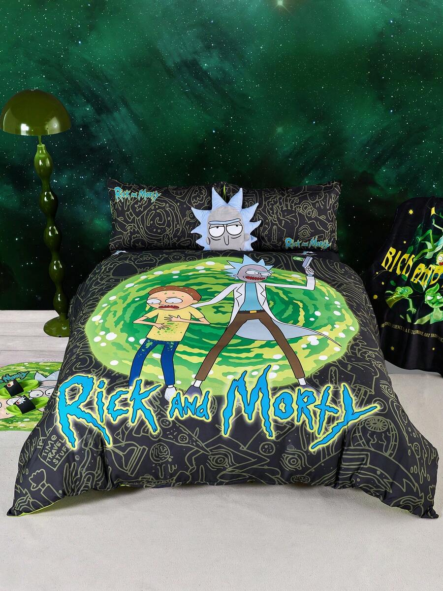 Rick and Morty X SHEIN 卡通和字母印花床上用品套件(包括被套和枕套) - 彩色 - 查看 1
