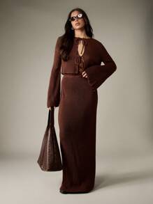 MISSGUIDED 罗纹针织直筒裙舒适秋季超长高腰毛衣下装秋冬时尚宽腰带及地长裙修身 - 棕色 - 查看 4