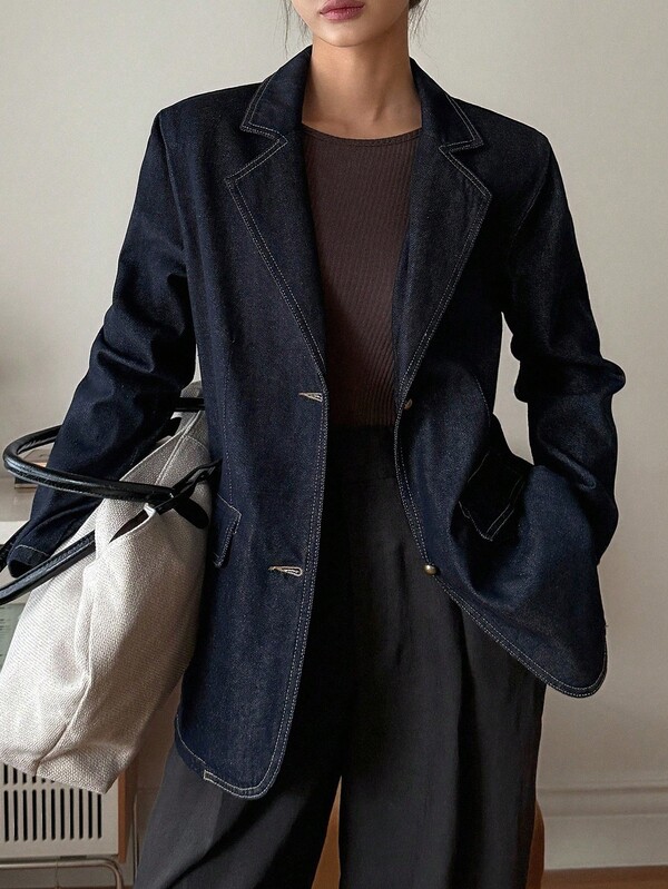 DAZY 女士翻领装饰拼接宽松长袖休闲牛仔夹克和外套