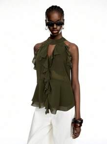 LYSMO 2025 New Arrival Claret Ruffle Chiffon Halter Top With Tie – Boho Summer Style - Army Green - View 6