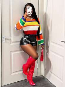 BamGleam 女士彩色条纹圆领短款休闲宽松性感针织毛衣