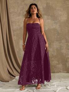 Roveilla 露肩、婚礼宾客、毕业典礼、浪漫、晚会、正式女士连衣裙、生日派对、优雅、夏季女士服装、鸡尾酒会迷你连衣裙、时尚优雅简约穿孔纹理细肩带长裙、性感紧身腰部修身优雅连衣裙 - 中紫紅色 - 查看 4