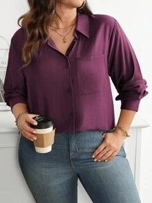 Nuevo 2026 Camisa casual de manga larga de un solo pecho con bolsillo para mujer de talla grande de unicolor - Rojo violeta - Ver 5