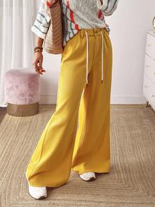 EMERY ROSE Women's Casual Solid Color Wide Leg Drawstring Waist Jeans - Yellow - View 7