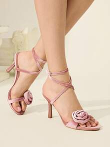 CUCCOO CHICEST 粉色韩版天鹅绒玫瑰花朵绑带时尚优雅派对婚礼正式圆头高跟凉鞋 - 藕粉色 - 查看 5