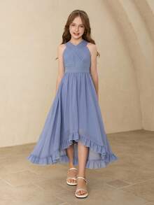 青少年女孩钢琴演奏会礼服，高端公主开学演出晚礼服，雪纺，适合万圣节、主持和表演 - 藍色 - 查看 7