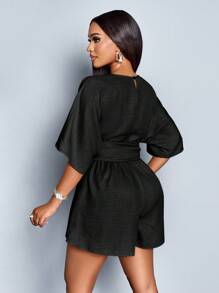 SOLERSUN 女式优雅深 V 领收腰系带蝙蝠袖褶饰腰部连体裤，适合度假和日常穿着 - 黑色 - 查看 2