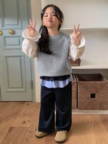 DAZY 女童撞色韩版休闲花瓣袖圆领卫衣，春秋季 - 灰色 - 查看 5