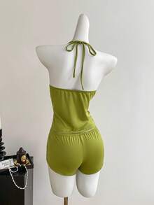 Sweetra 女士棕色花卉刺绣复古 Y2K 紧身舒适海滩度假泳衣套装、细肩带 V 领吊带背心和性感短裤 - 綠色 - 查看 2